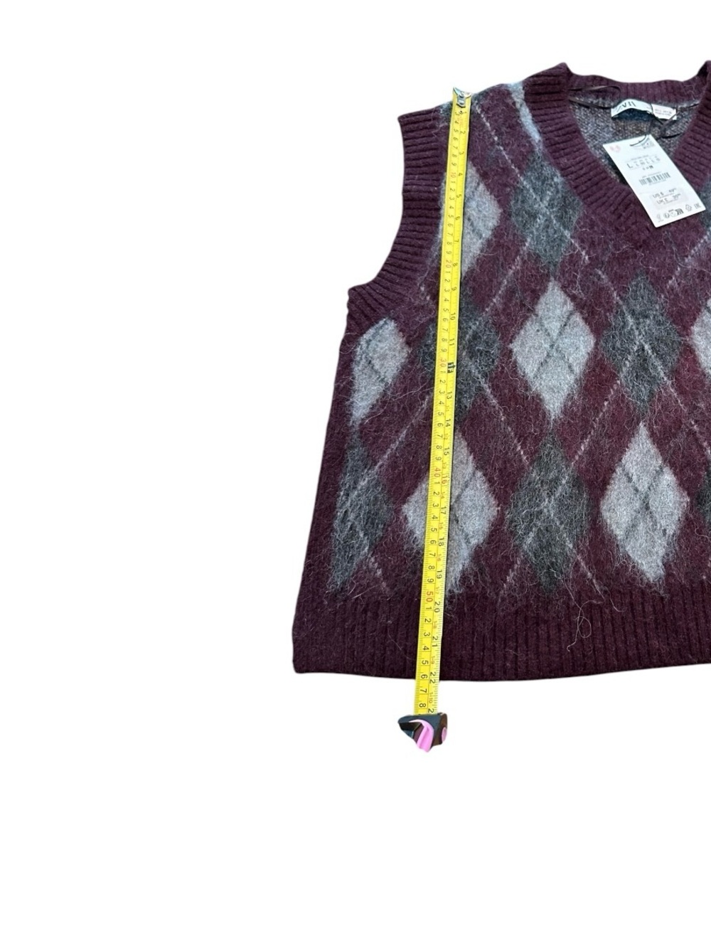 Zara NWT Burgundy Fuzzy Argyle Wool Alpaca Blend Sweater Vest Large NWT Fall - Picture 5 of 11